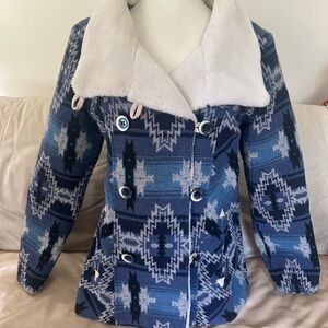 Powder River Outfitters Blue Aztec Patterned Coat with Cream Shawl Collar